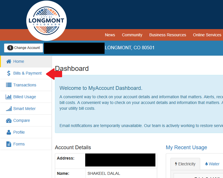 Landing page of the Longmont Utility portal with a red arrow pointing to Bills & Payments on the left menu bar