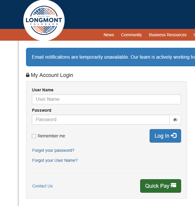 Longmont utility portal login screen